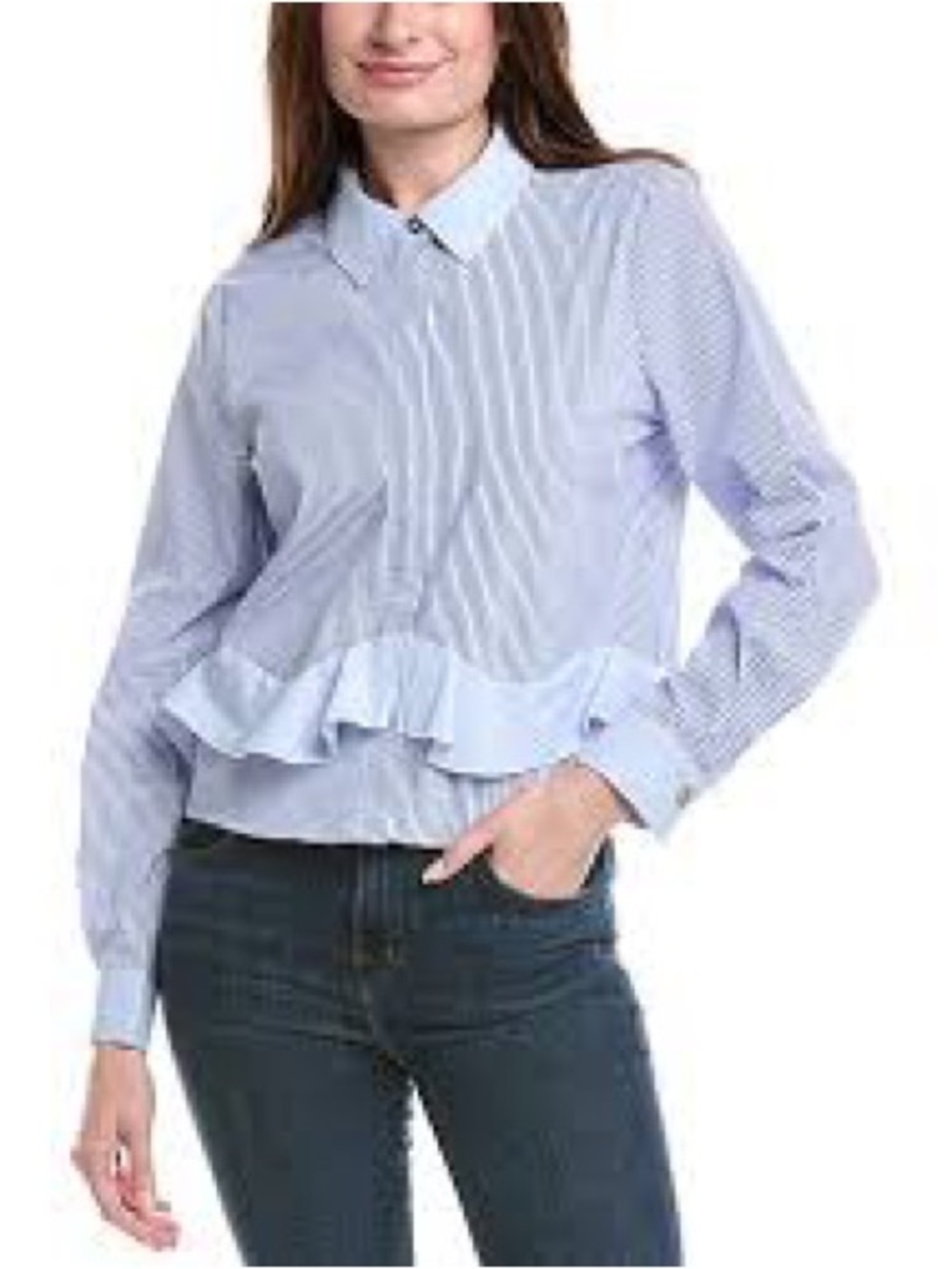 Nicole Miller Blue and White Striped Blouse with ruffle accent